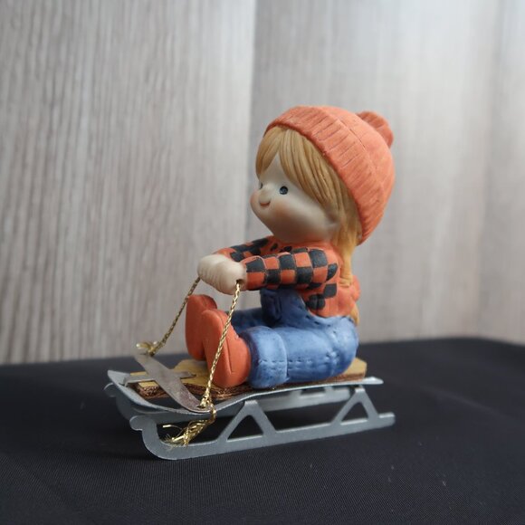 Vintage Enesco Girl on Sled Orange Hat Christmas Decor - Picture 9 of 9